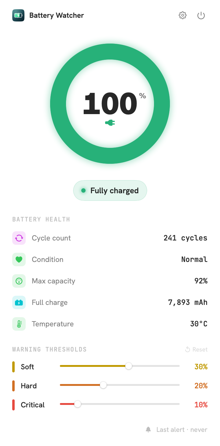 The popover fully charged at 100%, the ring a complete green sweep.