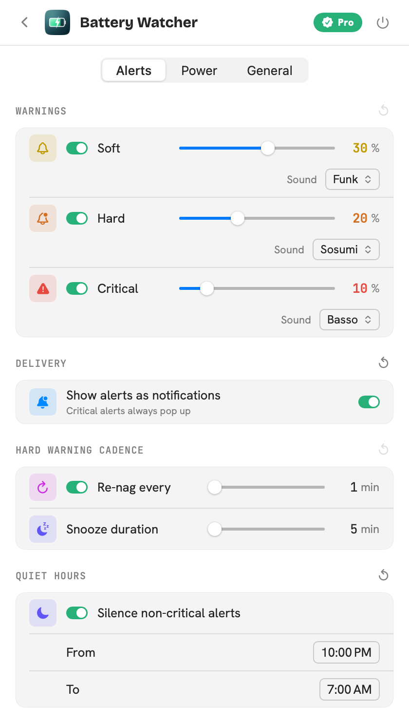 Battery Watcher settings on the Alerts tab, showing warning thresholds and sounds, delivery, cadence and quiet-hours controls.